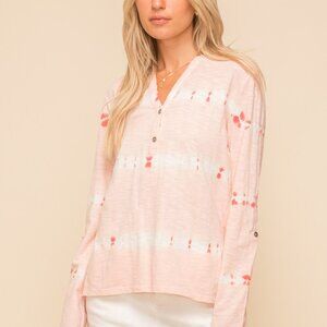 HEM & THREAD Light Pink Tie-Dye Long Sleeve Henley Top, Soft Cotton Blend Casual